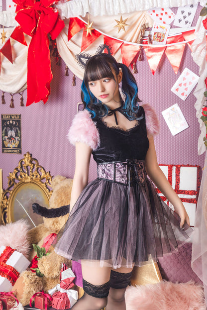 コスプレ ねこ コケティッシュガーリー ストロベリーキャット/バニラキャット レディース S M L ピンク/ホワイト【クリアストーン】