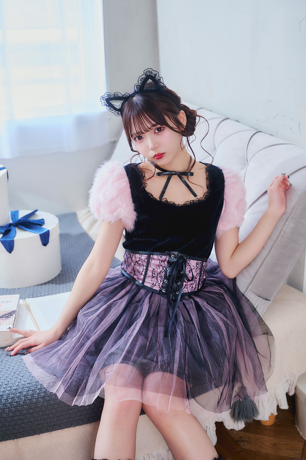 《JamsCollection着用》コスプレ ねこ コケティッシュガーリー ストロベリーキャット/バニラキャット レディース S M L ピンク/ホワイト【クリアストーン】