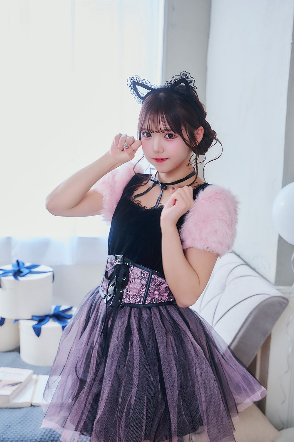 《JamsCollection着用》コスプレ ねこ コケティッシュガーリー ストロベリーキャット/バニラキャット レディース S M L ピンク/ホワイト【クリアストーン】