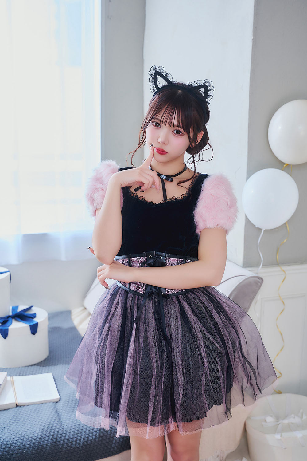 《JamsCollection着用》コスプレ ねこ コケティッシュガーリー ストロベリーキャット/バニラキャット レディース S M L ピンク/ホワイト【クリアストーン】