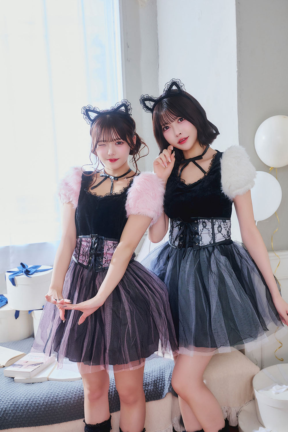 《JamsCollection着用》コスプレ ねこ コケティッシュガーリー ストロベリーキャット/バニラキャット レディース S M L ピンク/ホワイト【クリアストーン】