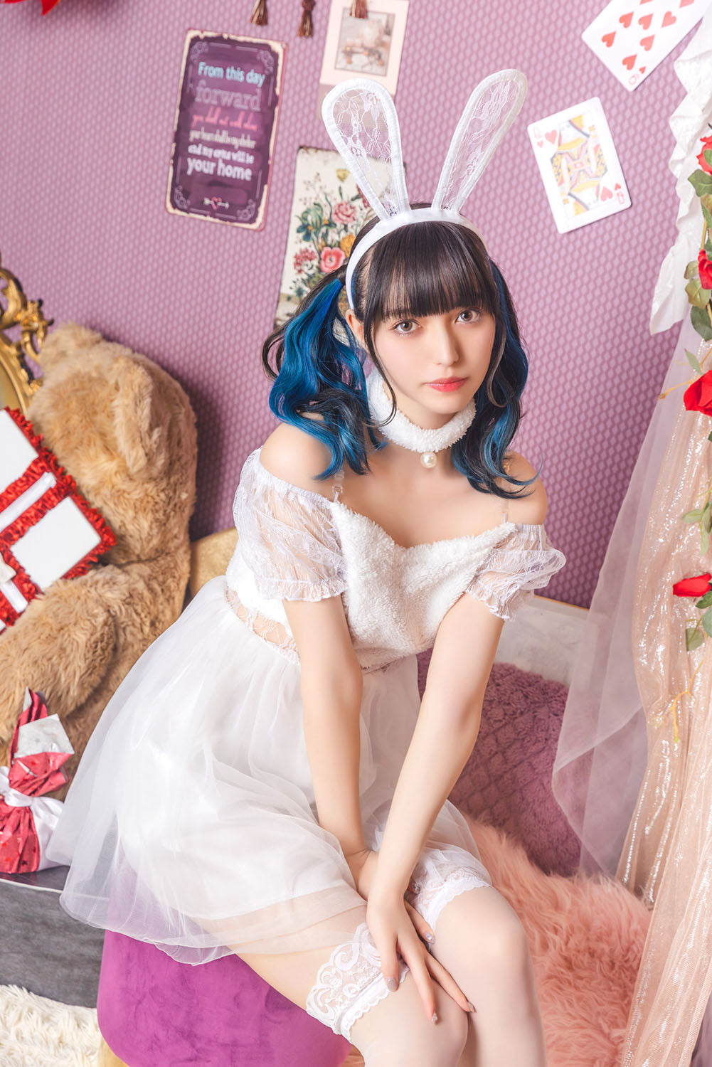 コスプレ うさぎ コケティッシュガーリー ホワイトレースバニー レディース S M L ブラック【クリアストーン】