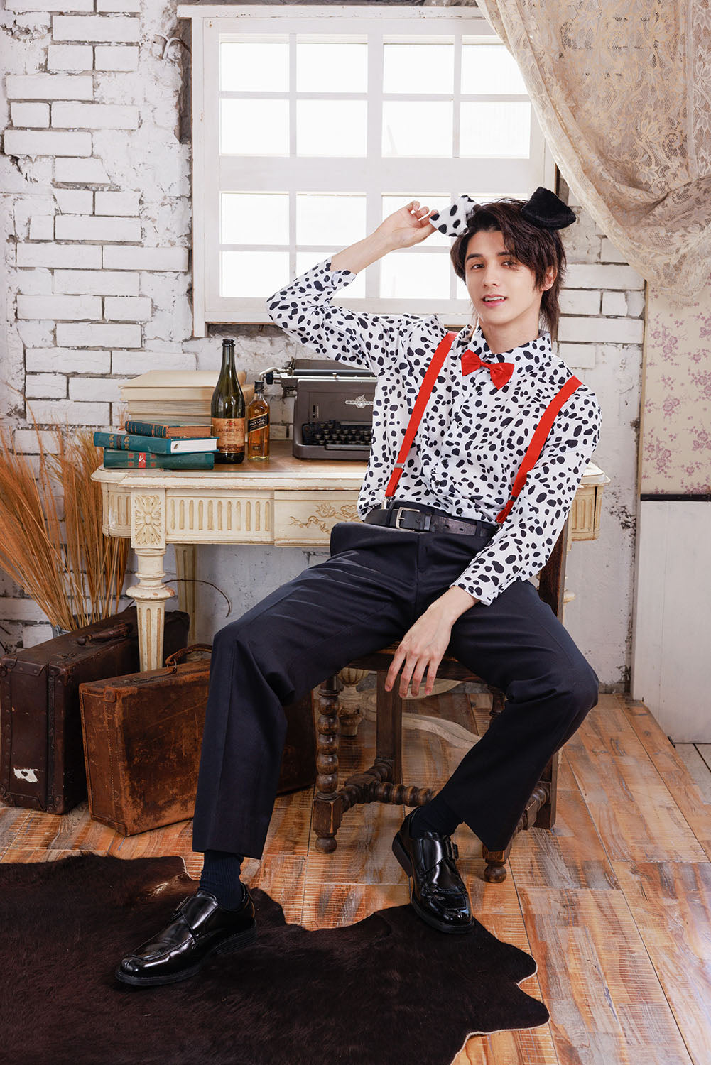 ≪スタンミさん着用≫ コスプレ いぬ ハロウィン アニマルシャツ ダルメシアンシャツ ユニセックス フリーサイズ ホワイト【クリアストーン】