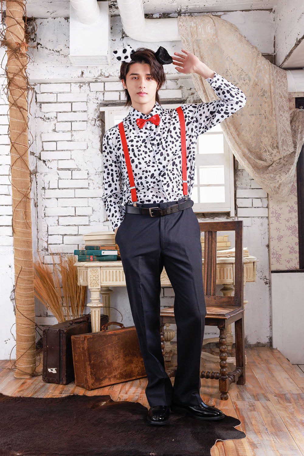 ≪スタンミさん着用≫ コスプレ いぬ ハロウィン アニマルシャツ ダルメシアンシャツ ユニセックス フリーサイズ ホワイト【クリアストーン】