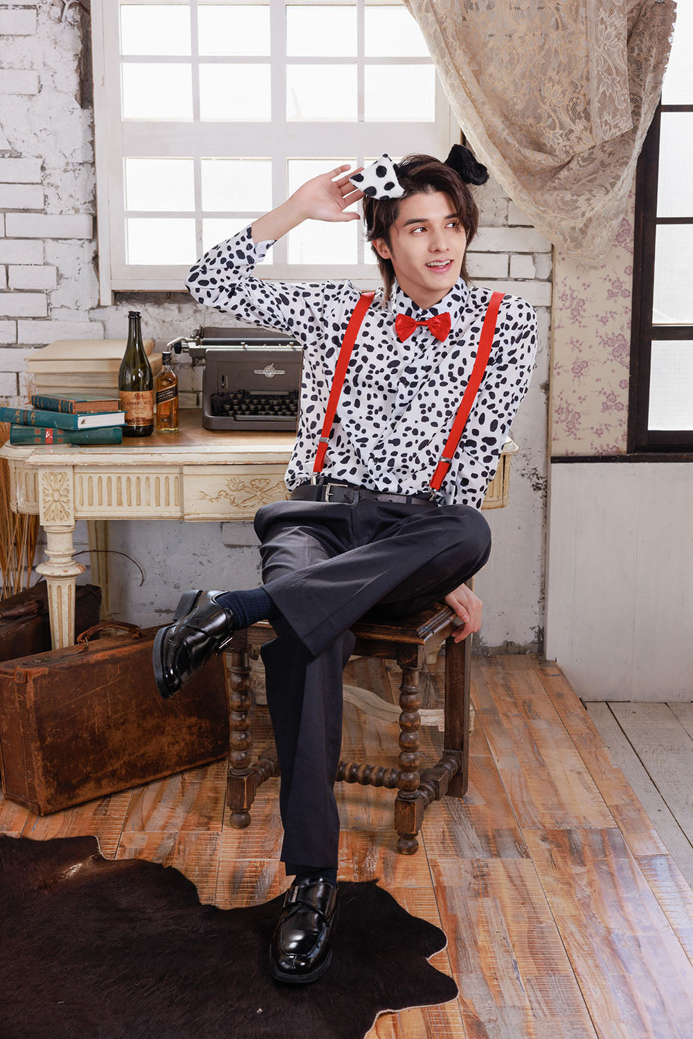 ≪スタンミさん着用≫ コスプレ いぬ ハロウィン アニマルシャツ ダルメシアンシャツ ユニセックス フリーサイズ ホワイト【クリアストーン】