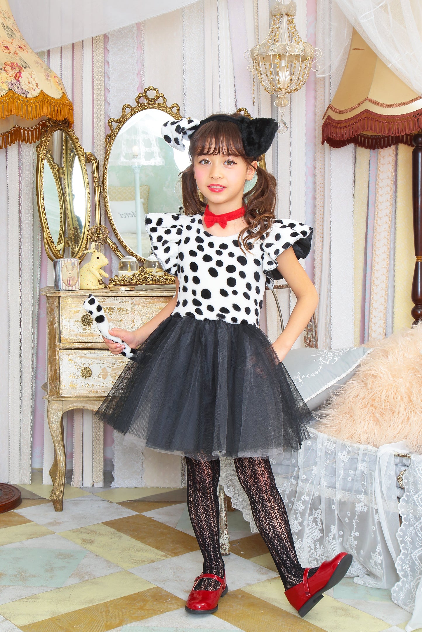 コスプレ キッズ こども ダルメシアン アニマル 動物 ハロウィン プティダルメシアン 100cm/120cm/140cm ブラック ホワイト【クリアストーン】