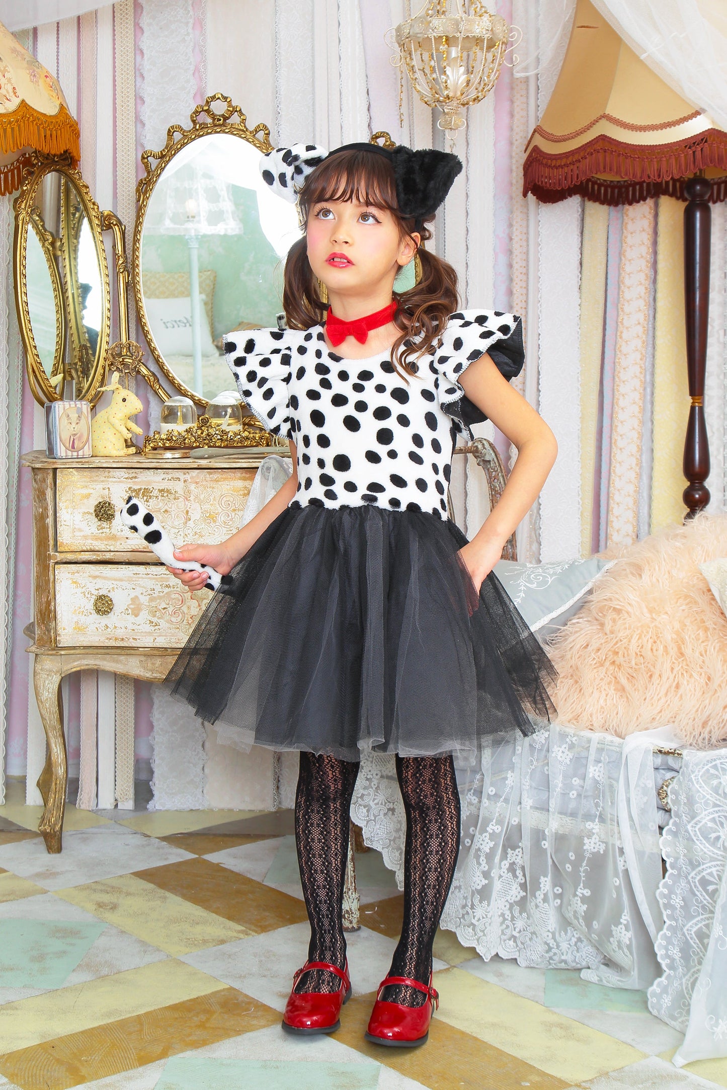 コスプレ キッズ こども ダルメシアン アニマル 動物 ハロウィン プティダルメシアン 100cm/120cm/140cm ブラック ホワイト【クリアストーン】