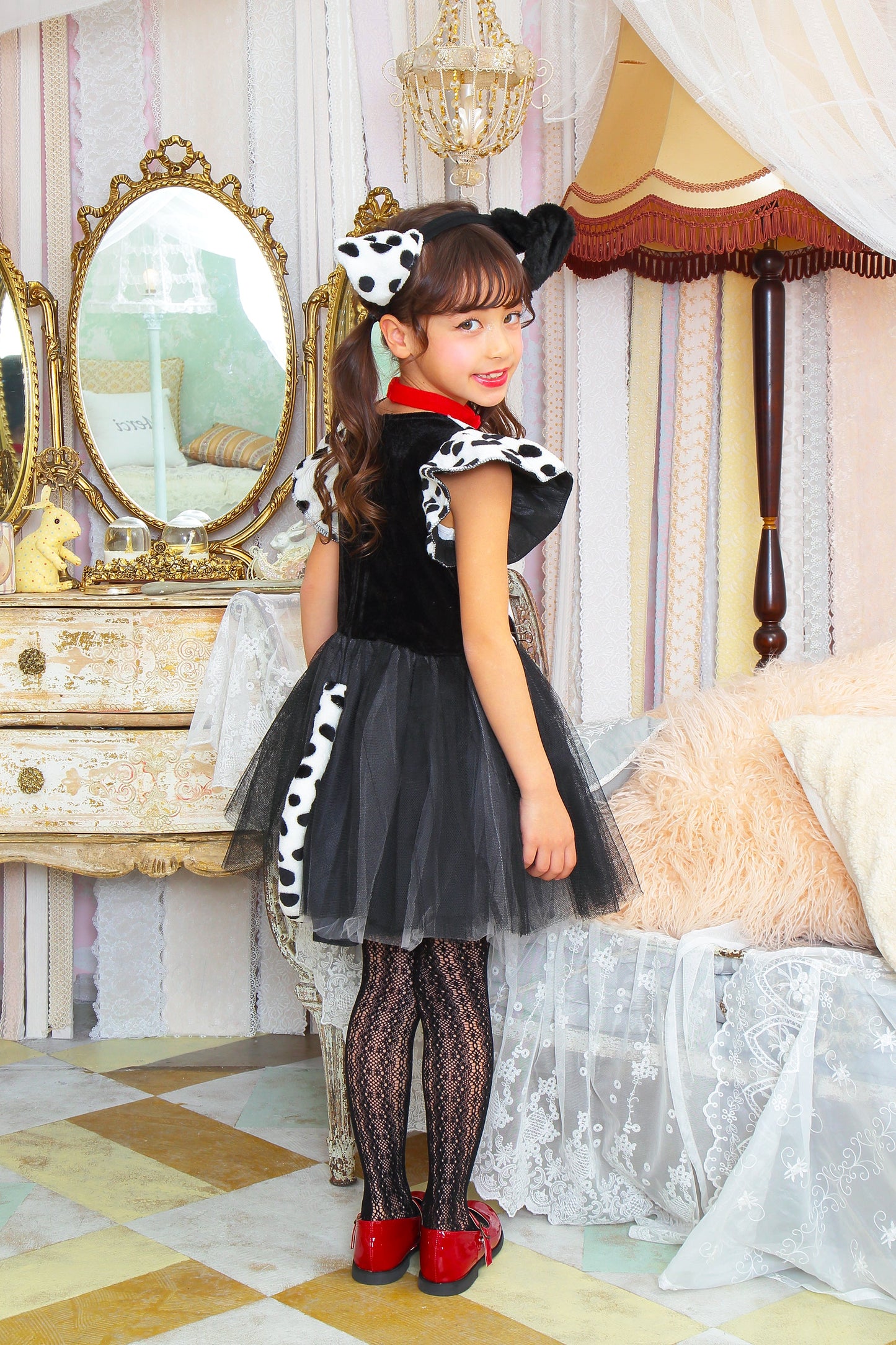 コスプレ キッズ こども ダルメシアン アニマル 動物 ハロウィン プティダルメシアン 100cm/120cm/140cm ブラック ホワイト【クリアストーン】