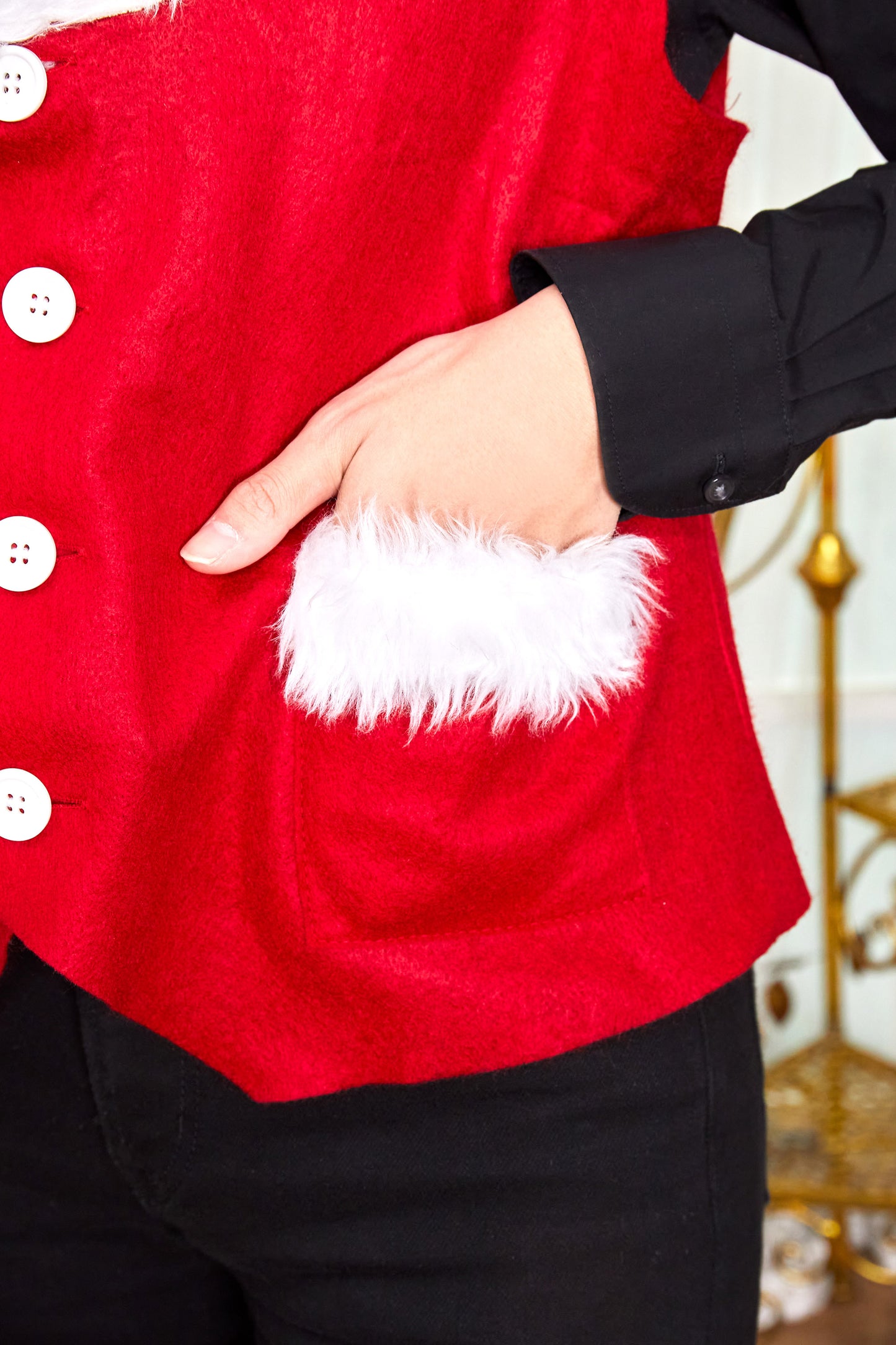 コスプレ クリスマス サンタ サンタベストセット メンズ フリーサイズ レッド/ブラック【クリアストーン】