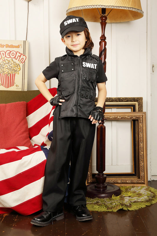 コスプレ キッズ こども スワット ハロウィン クールスワット 100cm/120cm/140cm ブラック【クリアストーン】