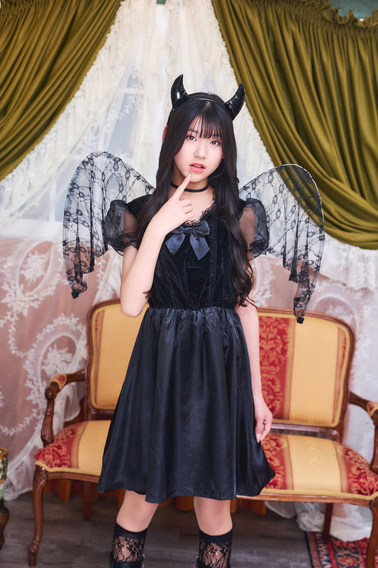 コスプレ ジュニア こども デビル 悪魔 COSCHU! リボンデビル 140～150cm ブラック【クリアストーン】