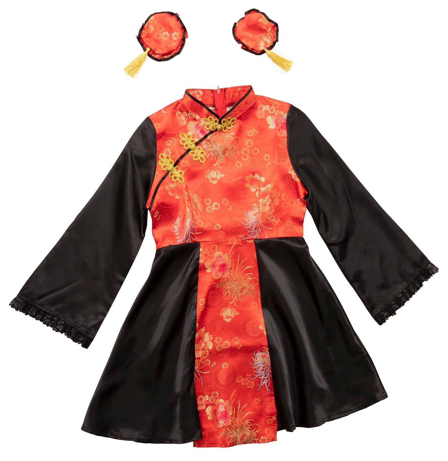 コスプレ ジュニア こども チャイナ COSCHU! チャイニーチャイナ 140～150cm ブラック レッド/ブルー【クリアストーン】