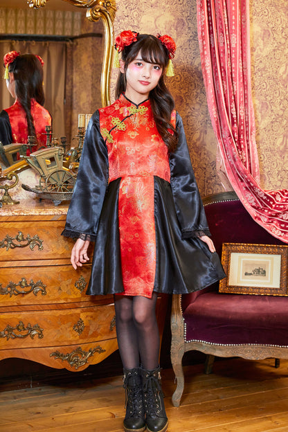 コスプレ ジュニア こども チャイナ COSCHU! チャイニーチャイナ 140～150cm ブラック レッド/ブルー【クリアストーン】