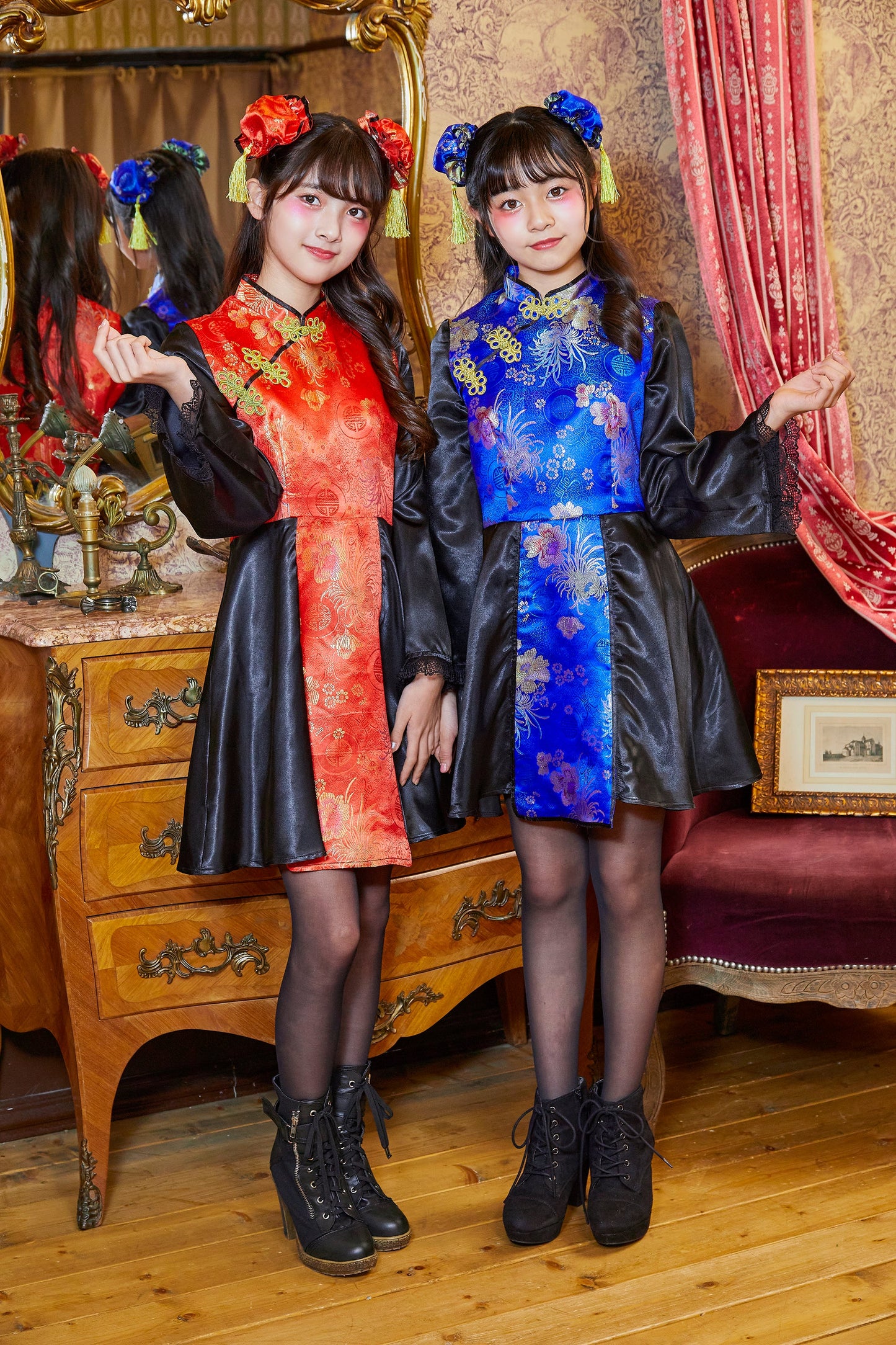 コスプレ ジュニア こども チャイナ COSCHU! チャイニーチャイナ 140～150cm ブラック レッド/ブルー【クリアストーン】