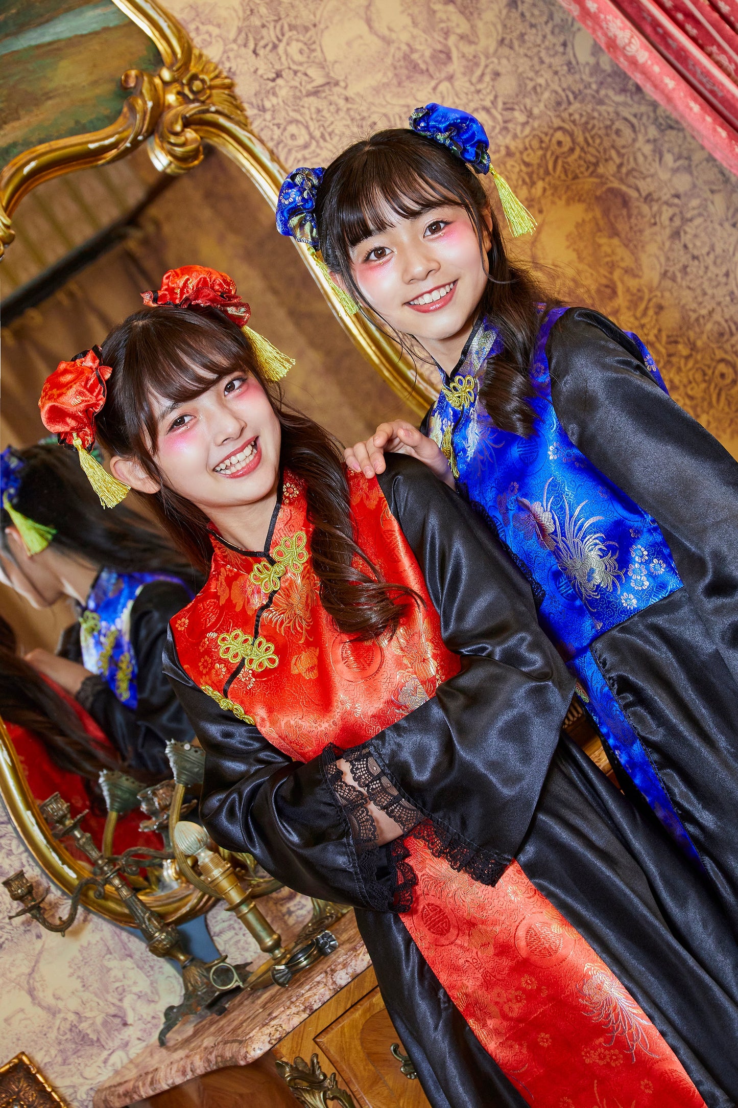 コスプレ ジュニア こども チャイナ COSCHU! チャイニーチャイナ 140～150cm ブラック レッド/ブルー【クリアストーン】