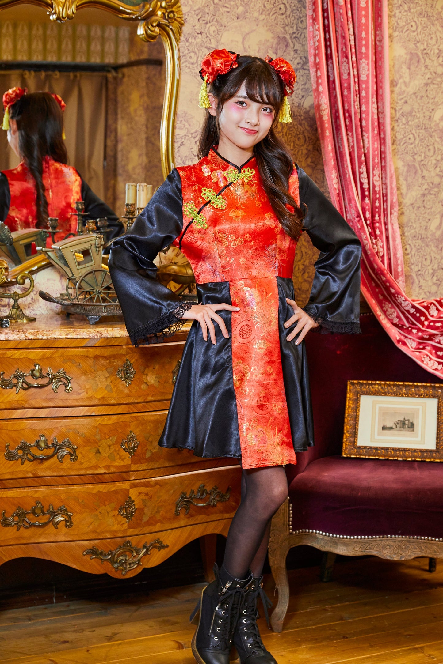 コスプレ ジュニア こども チャイナ COSCHU! チャイニーチャイナ 140～150cm ブラック レッド/ブルー【クリアストーン】