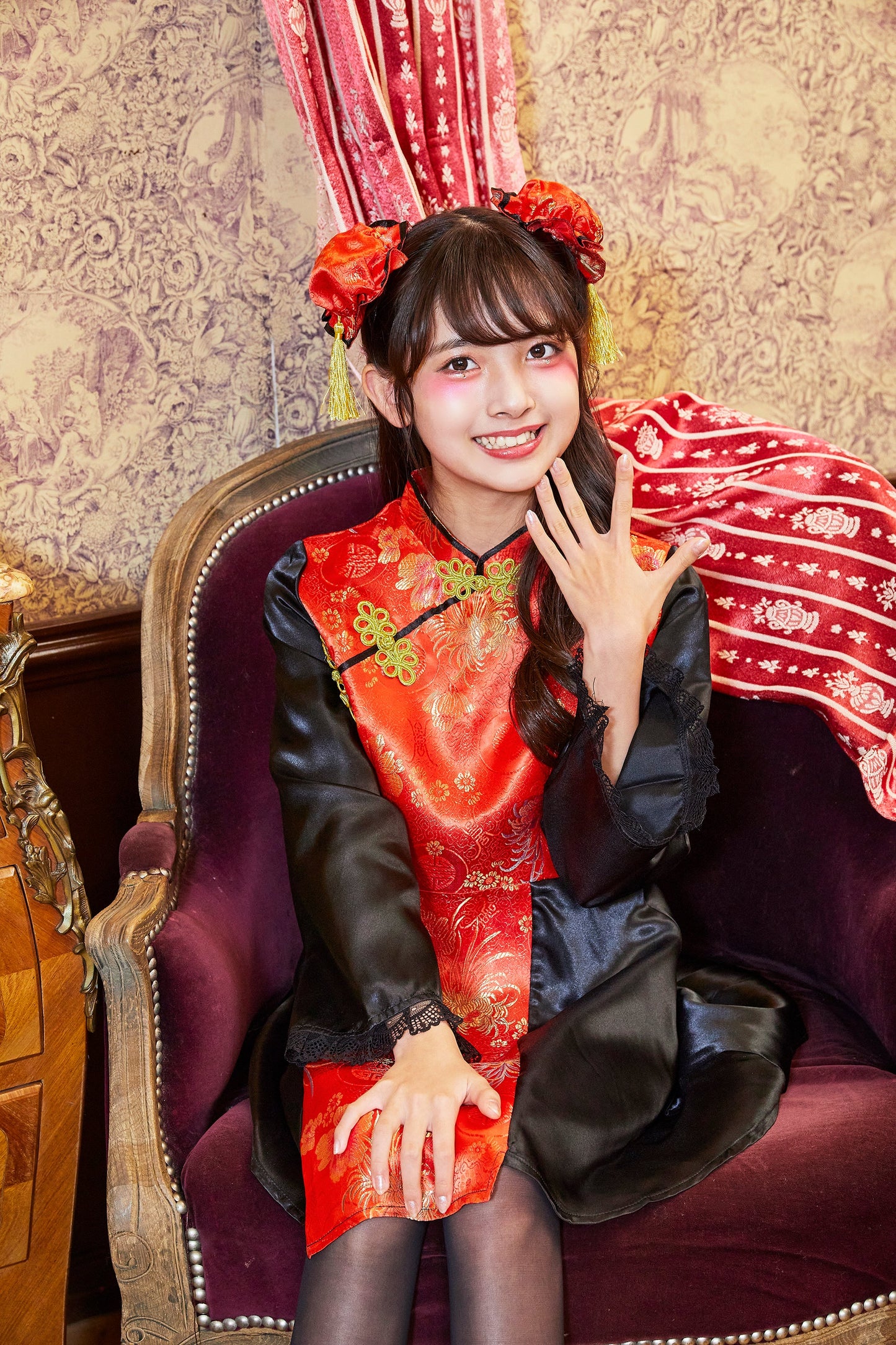 コスプレ ジュニア こども チャイナ COSCHU! チャイニーチャイナ 140～150cm ブラック レッド/ブルー【クリアストーン】