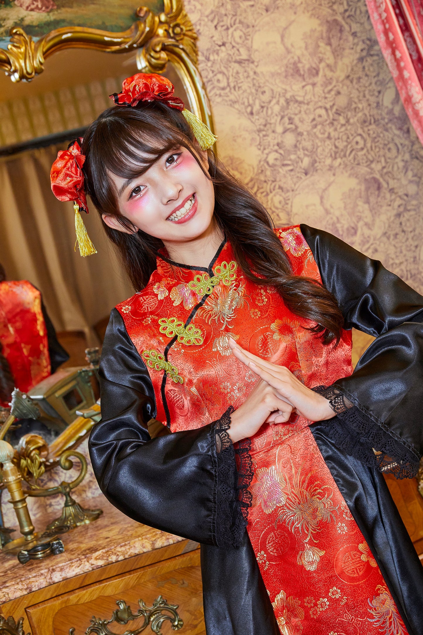 コスプレ ジュニア こども チャイナ COSCHU! チャイニーチャイナ 140～150cm ブラック レッド/ブルー【クリアストーン】