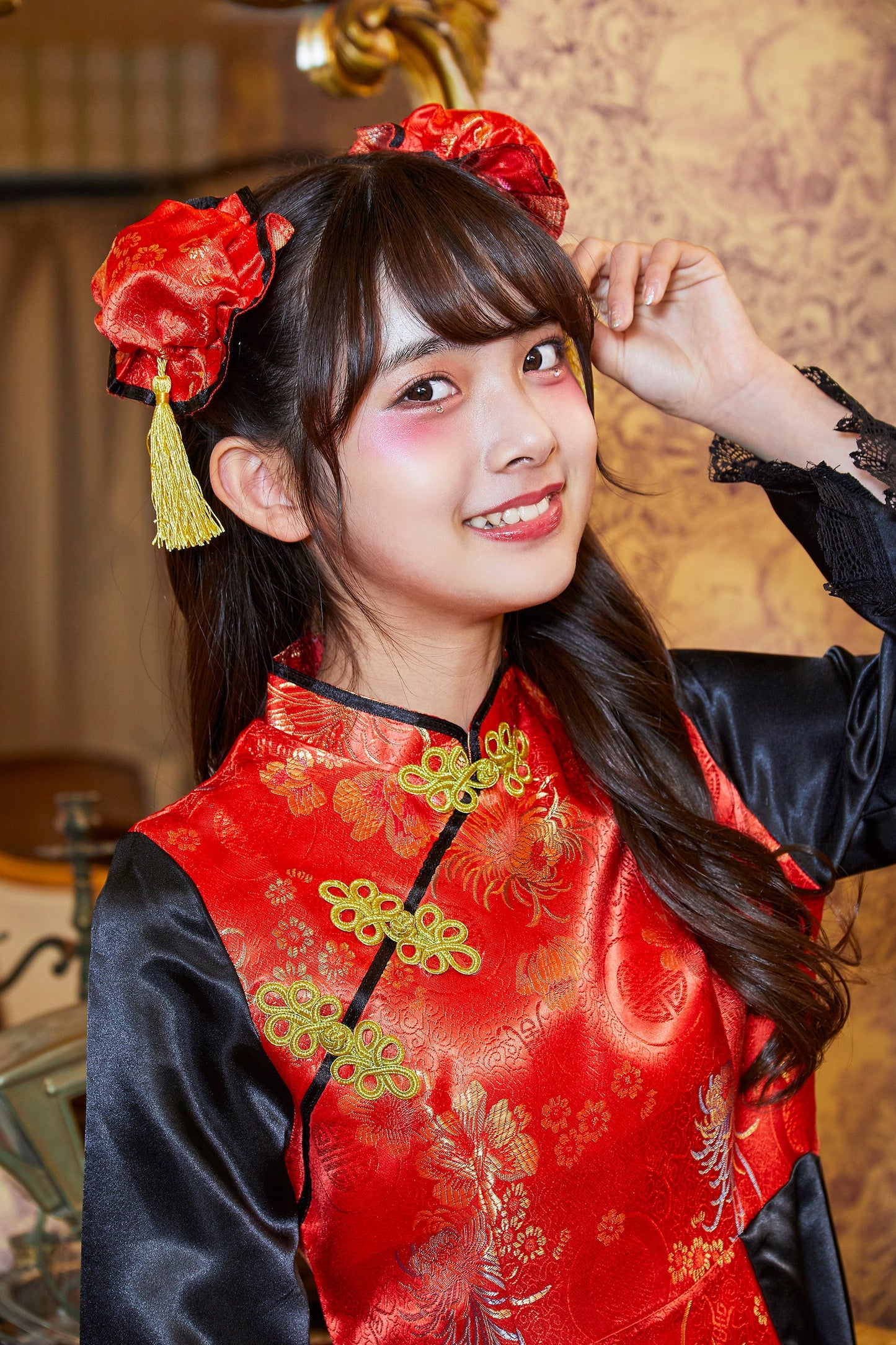 コスプレ ジュニア こども チャイナ COSCHU! チャイニーチャイナ 140～150cm ブラック レッド/ブルー【クリアストーン】