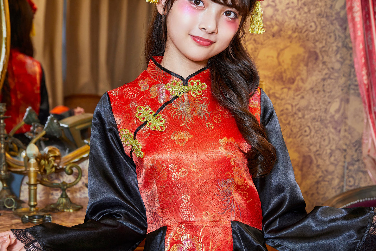 コスプレ ジュニア こども チャイナ COSCHU! チャイニーチャイナ 140～150cm ブラック レッド/ブルー【クリアストーン】