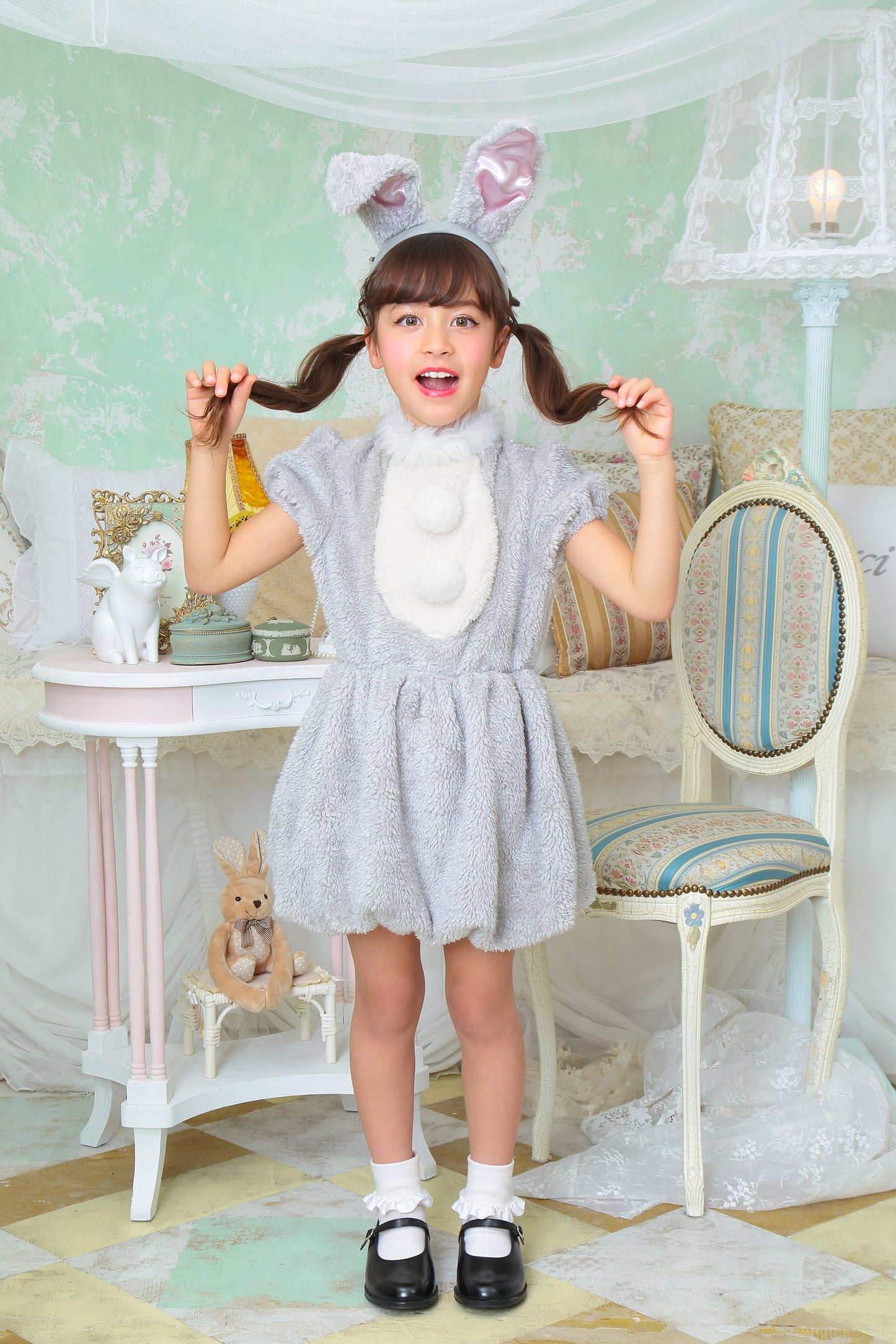 コスプレ キッズ こども うさぎ アニマル 動物 ハロウィン ワンダーグレーラパン 100cm/120cm/140cm グレー【クリアストーン】