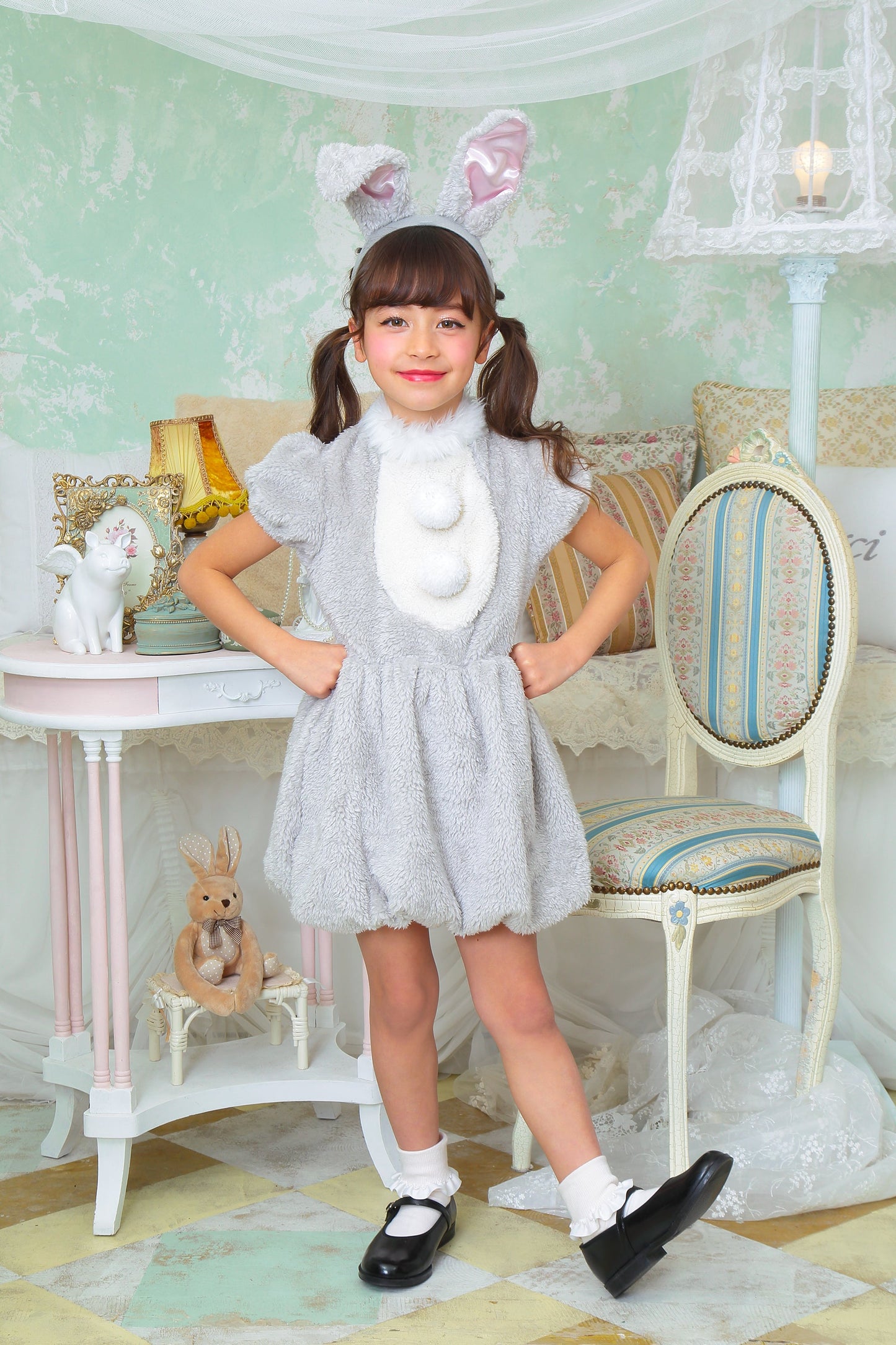 コスプレ キッズ こども うさぎ アニマル 動物 ハロウィン ワンダーグレーラパン 100cm/120cm/140cm グレー【クリアストーン】