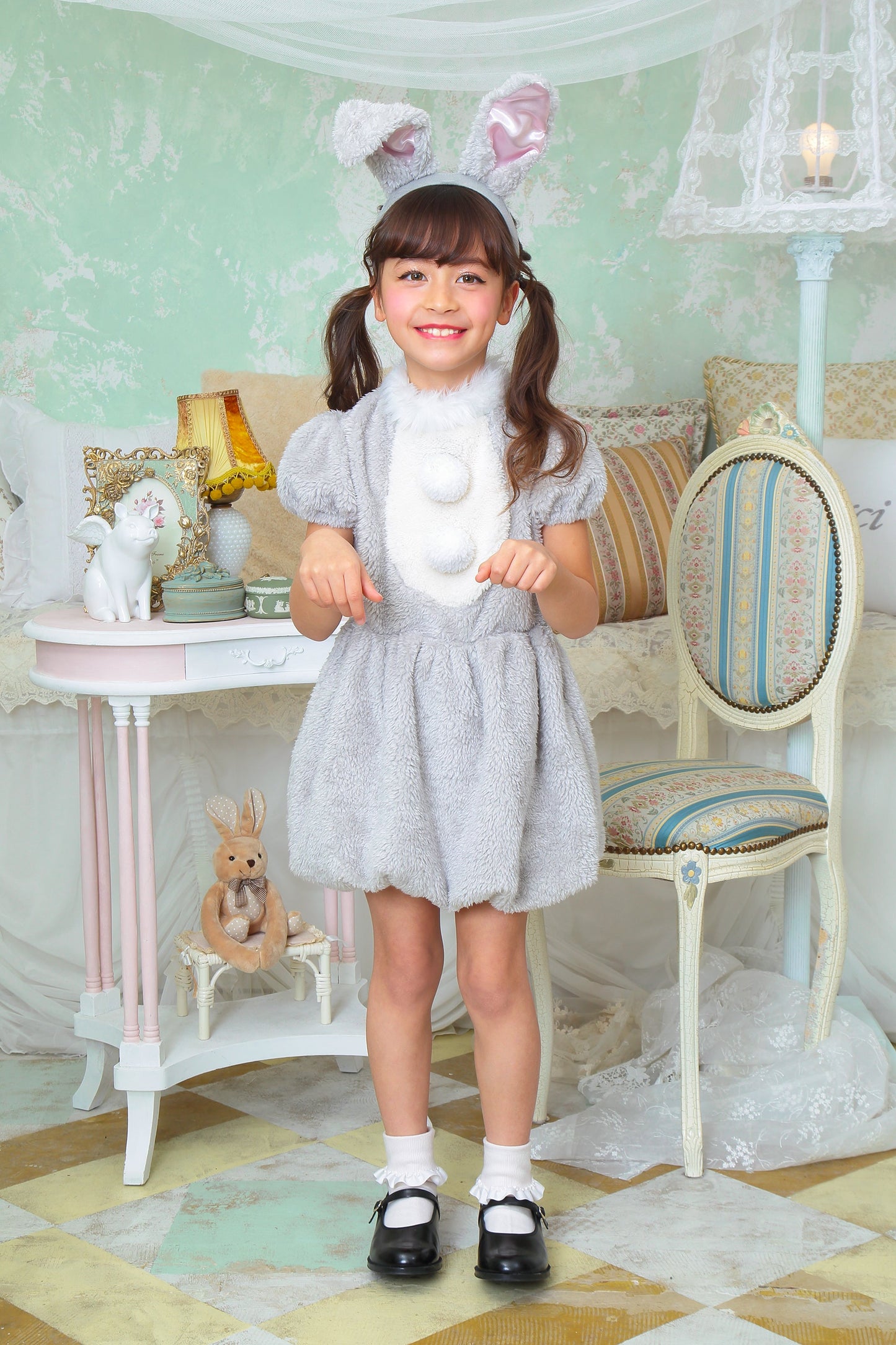 コスプレ キッズ こども うさぎ アニマル 動物 ハロウィン ワンダーグレーラパン 100cm/120cm/140cm グレー【クリアストーン】