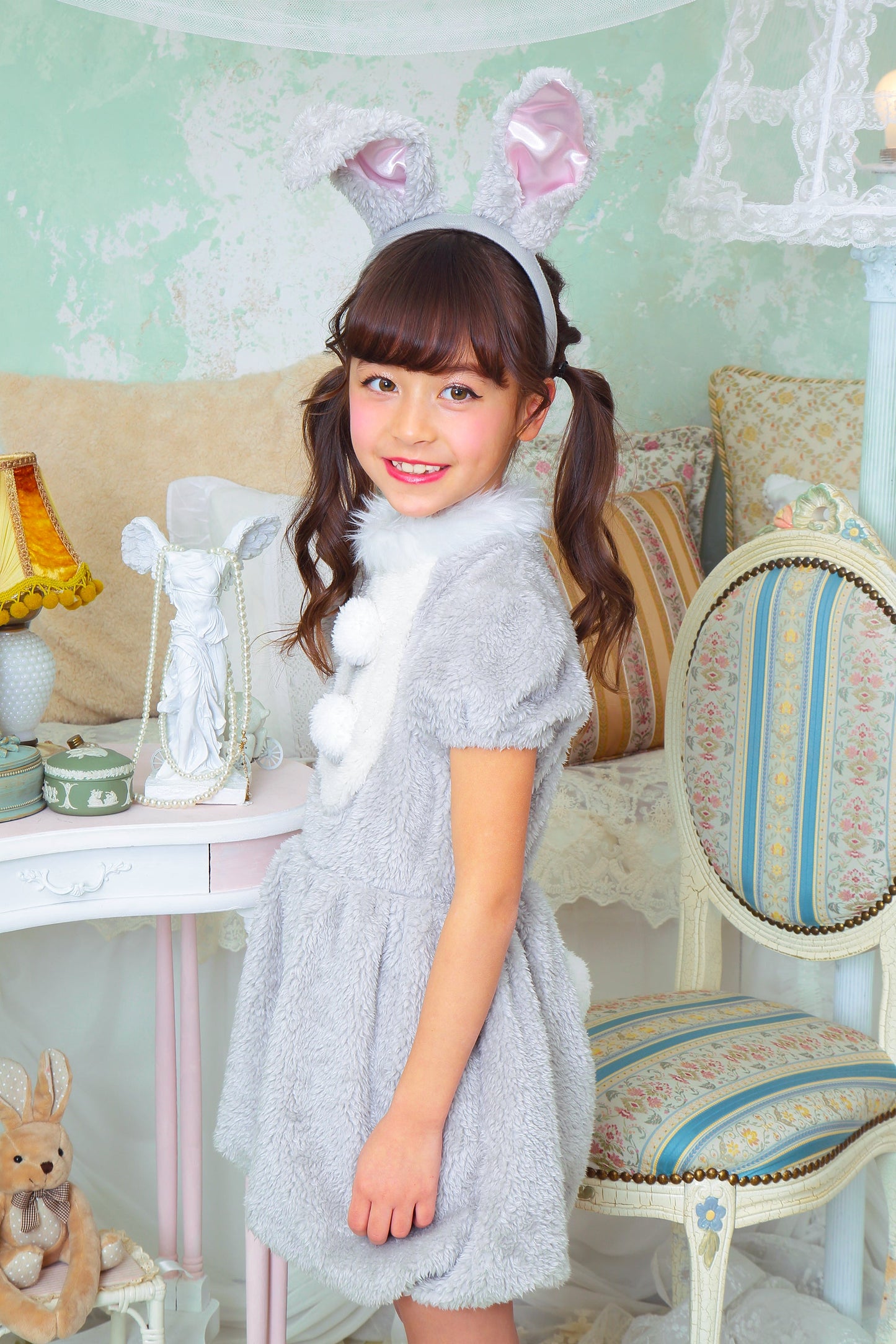コスプレ キッズ こども うさぎ アニマル 動物 ハロウィン ワンダーグレーラパン 100cm/120cm/140cm グレー【クリアストーン】