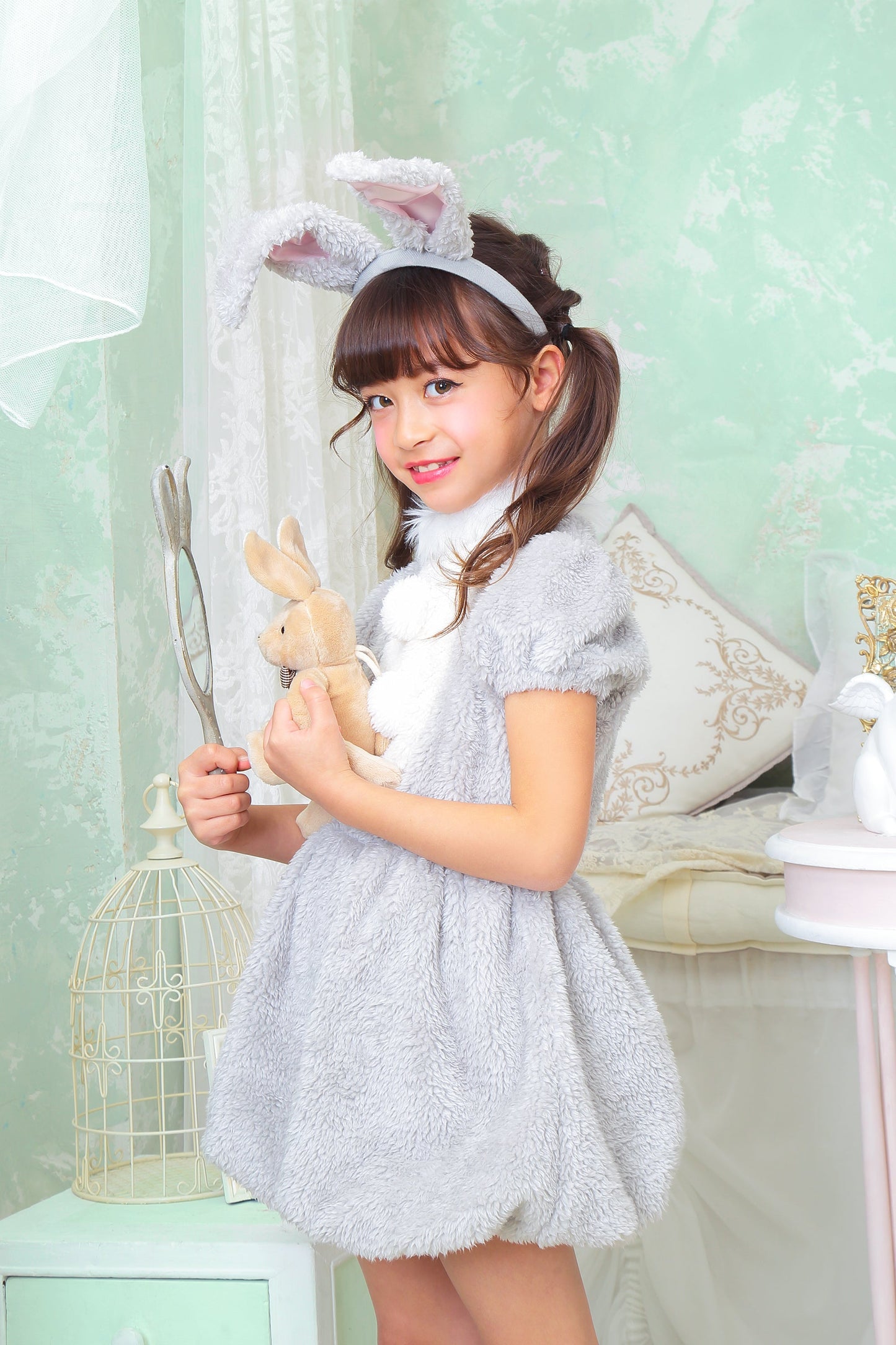 コスプレ キッズ こども うさぎ アニマル 動物 ハロウィン ワンダーグレーラパン 100cm/120cm/140cm グレー【クリアストーン】