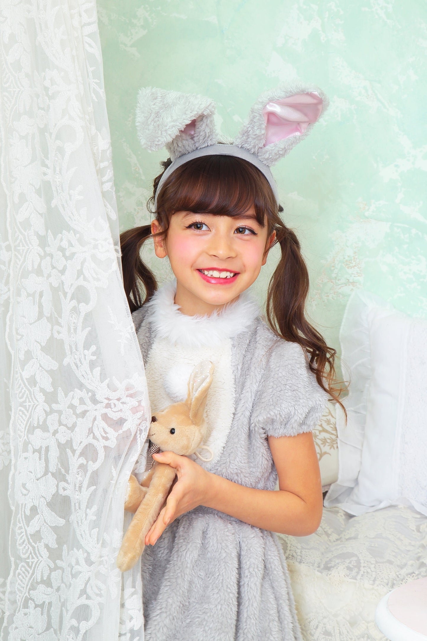 コスプレ キッズ こども うさぎ アニマル 動物 ハロウィン ワンダーグレーラパン 100cm/120cm/140cm グレー【クリアストーン】