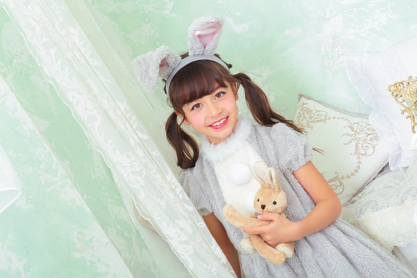 コスプレ キッズ こども うさぎ アニマル 動物 ハロウィン ワンダーグレーラパン 100cm/120cm/140cm グレー【クリアストーン】