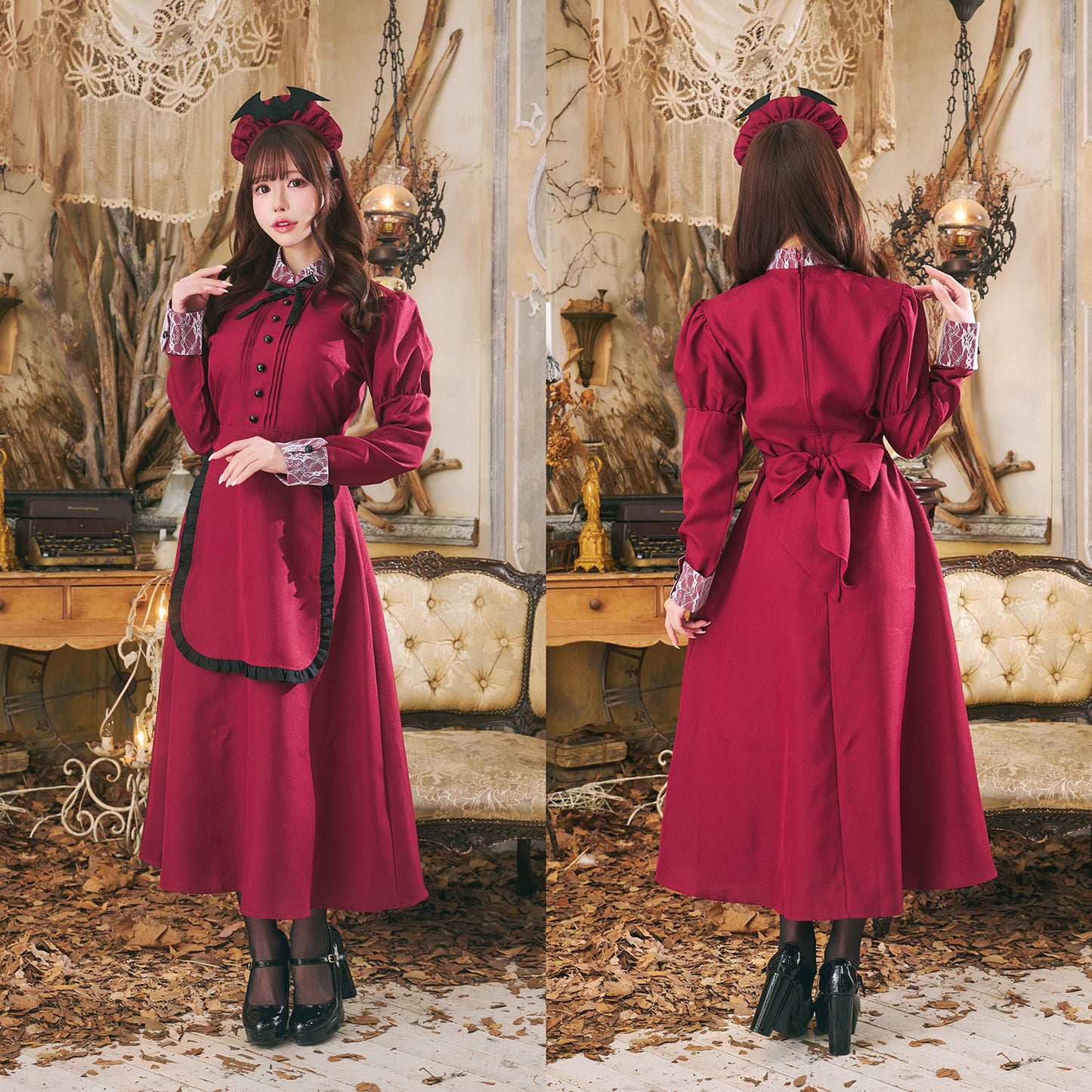 コスプレ メイド ハロウィン 洋館メイド レディース フリーサイズ グリーン/ボルドー【クリアストーン】♡