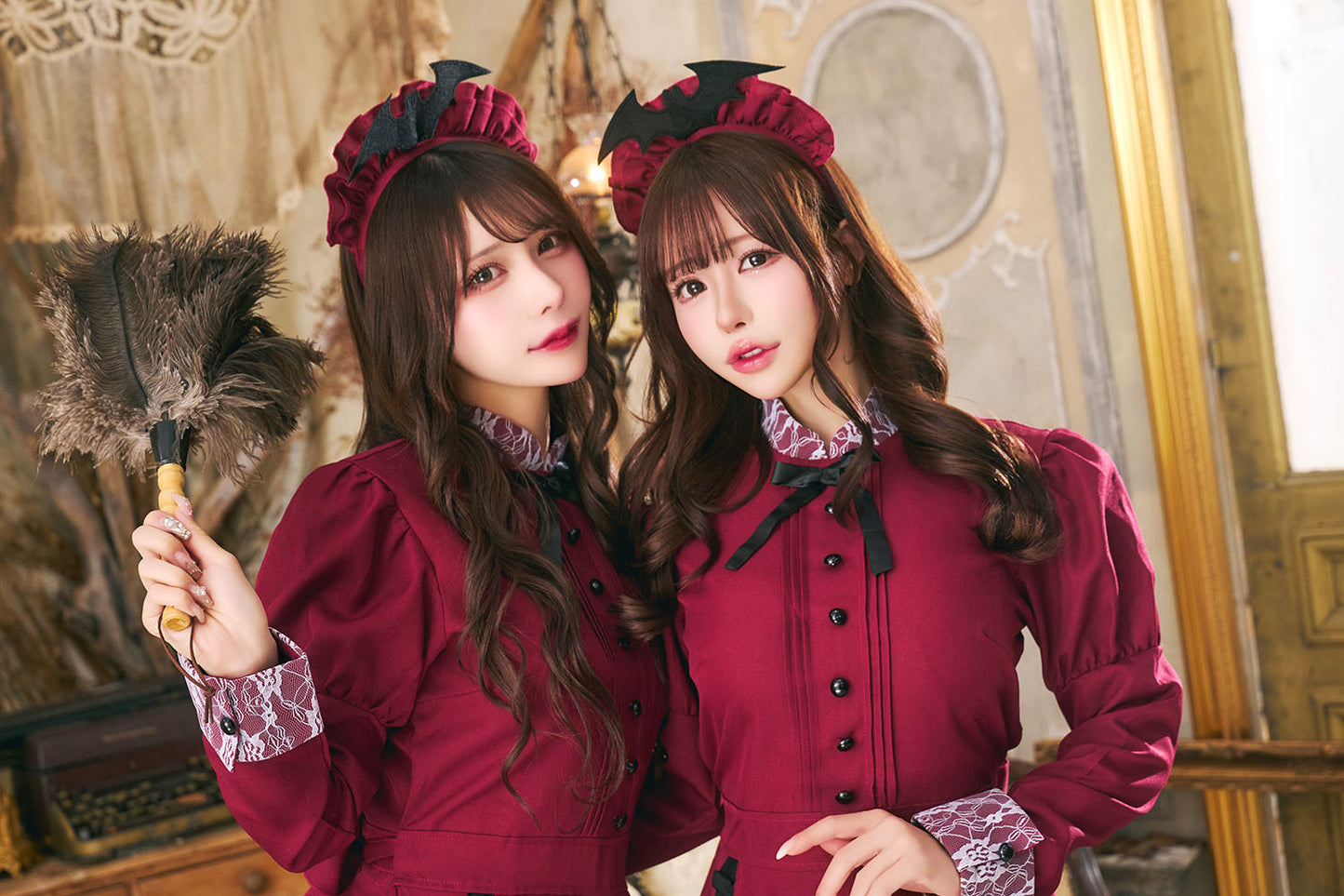 コスプレ メイド ハロウィン 洋館メイド レディース フリーサイズ グリーン/ボルドー【クリアストーン】♡