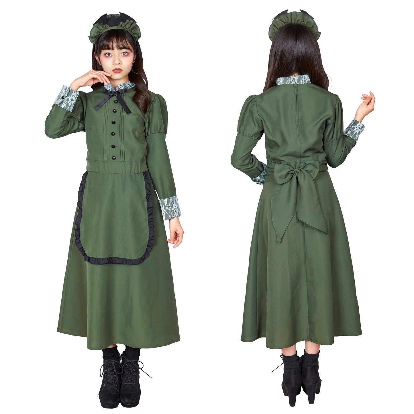 コスプレ ジュニア こども メイド COSCHU! 洋館メイド 140～150cm グリーン【クリアストーン】
