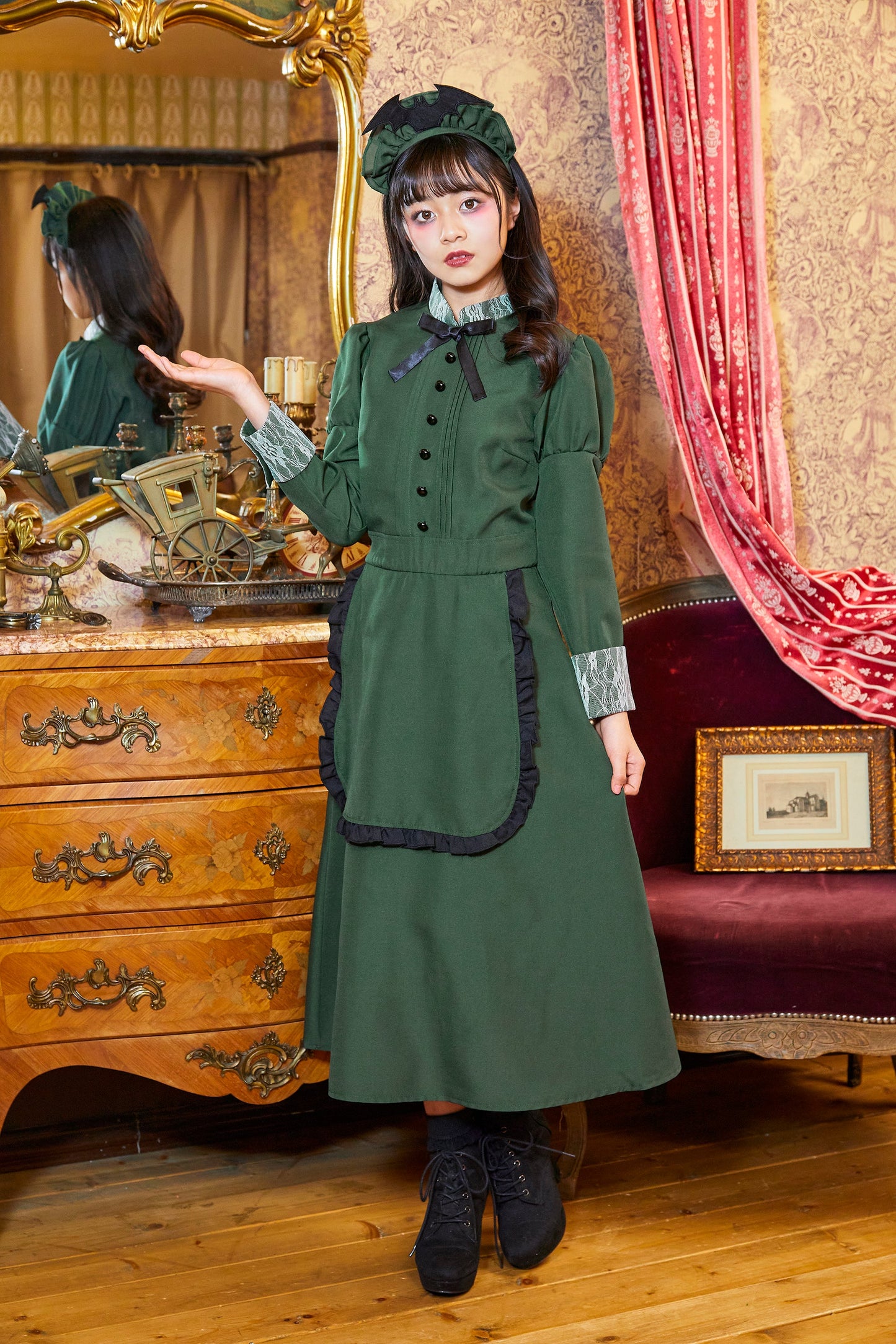 コスプレ ジュニア こども メイド COSCHU! 洋館メイド 140～150cm グリーン【クリアストーン】