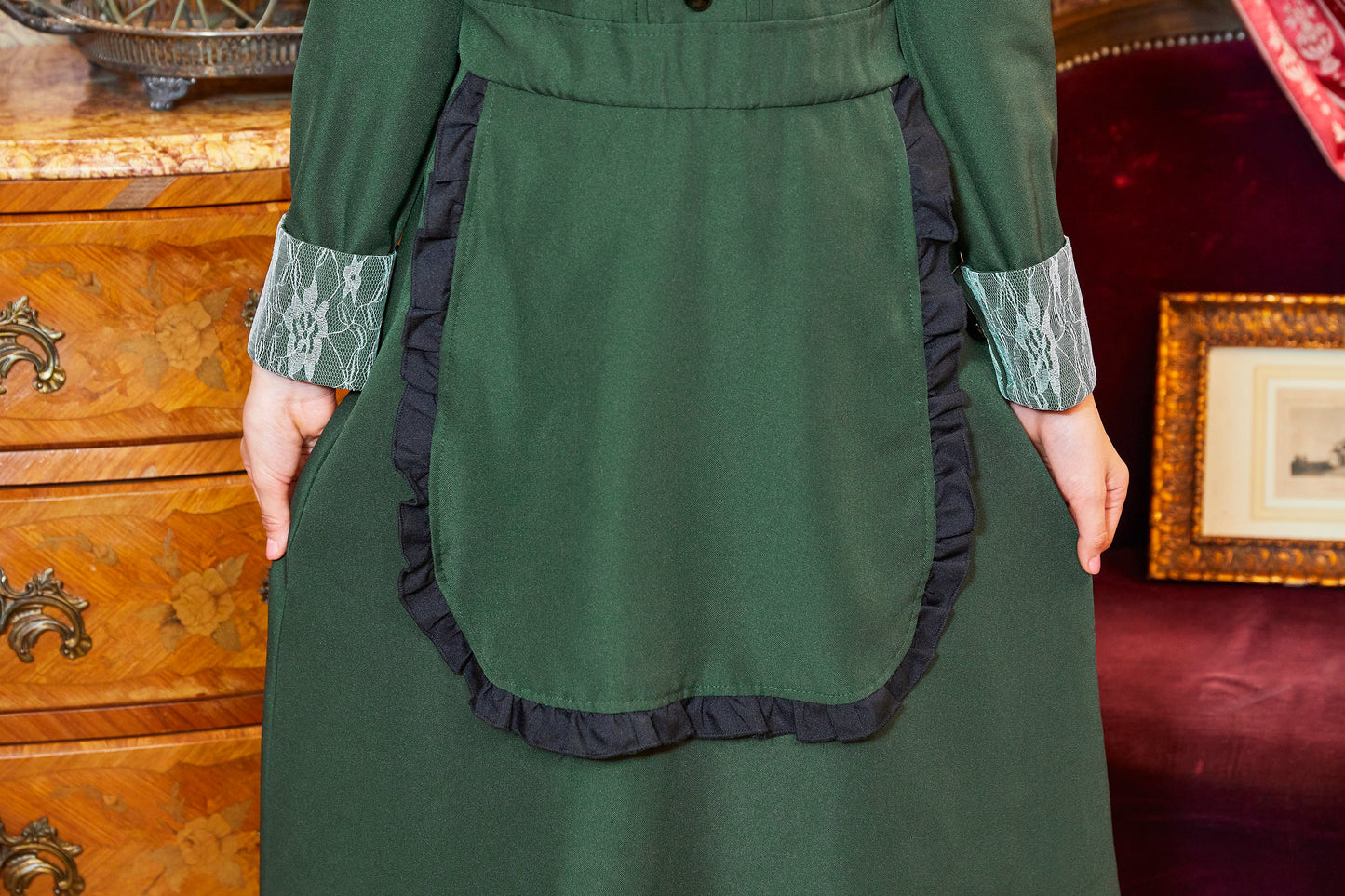 コスプレ ジュニア こども メイド COSCHU! 洋館メイド 140～150cm グリーン【クリアストーン】