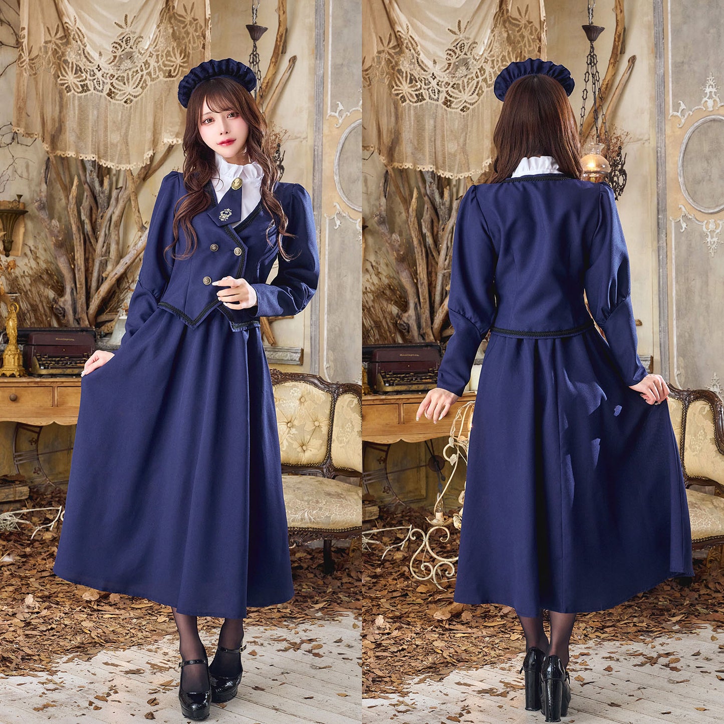 コスプレ メイド ホテルメイド レディース フリーサイズ ネイビー【クリアストーン】♡