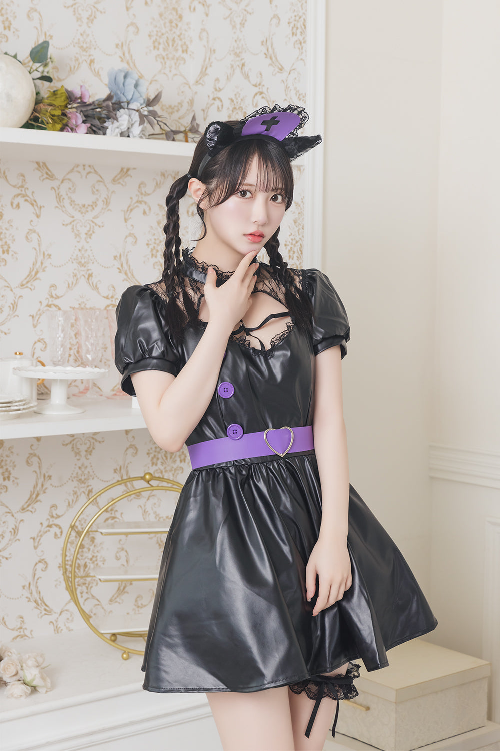 《JamsCollection着用》コスプレ ハロウィン ナース ナース服 フロイマイン 真夜中ねこナース レディース フリーサイズ ブラック【クリアストーン】