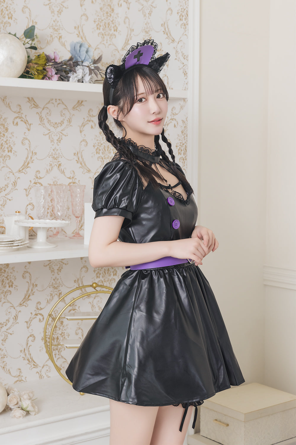 《JamsCollection着用》コスプレ ハロウィン ナース ナース服 フロイマイン 真夜中ねこナース レディース フリーサイズ ブラック【クリアストーン】