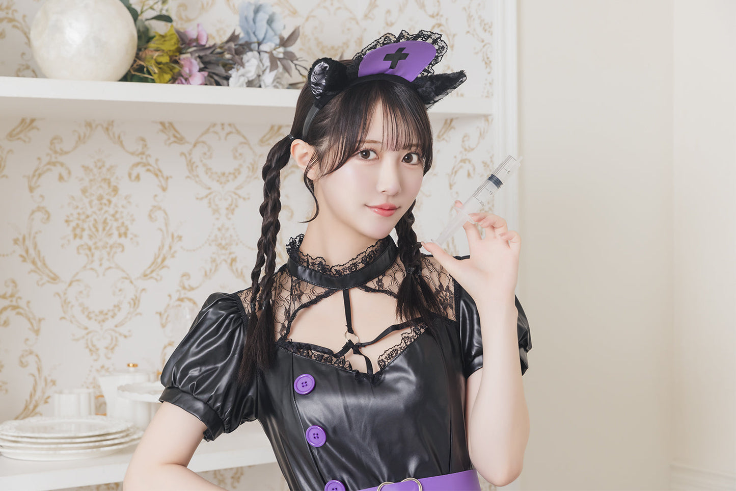 《JamsCollection着用》コスプレ ハロウィン ナース ナース服 フロイマイン 真夜中ねこナース レディース フリーサイズ ブラック【クリアストーン】