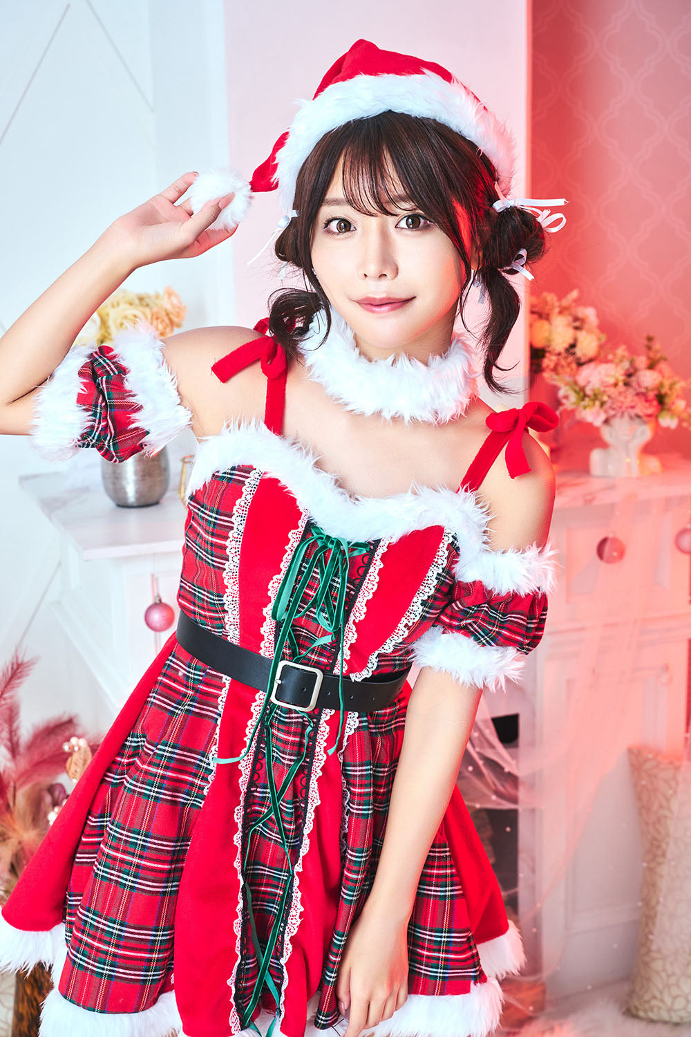 《63ANGELまいかちゃん着用》 コスプレ クリスマス サンタ チェック チェックフリルレースアップサンタ レディース フリーサイズ レッド 【クリアストーン】