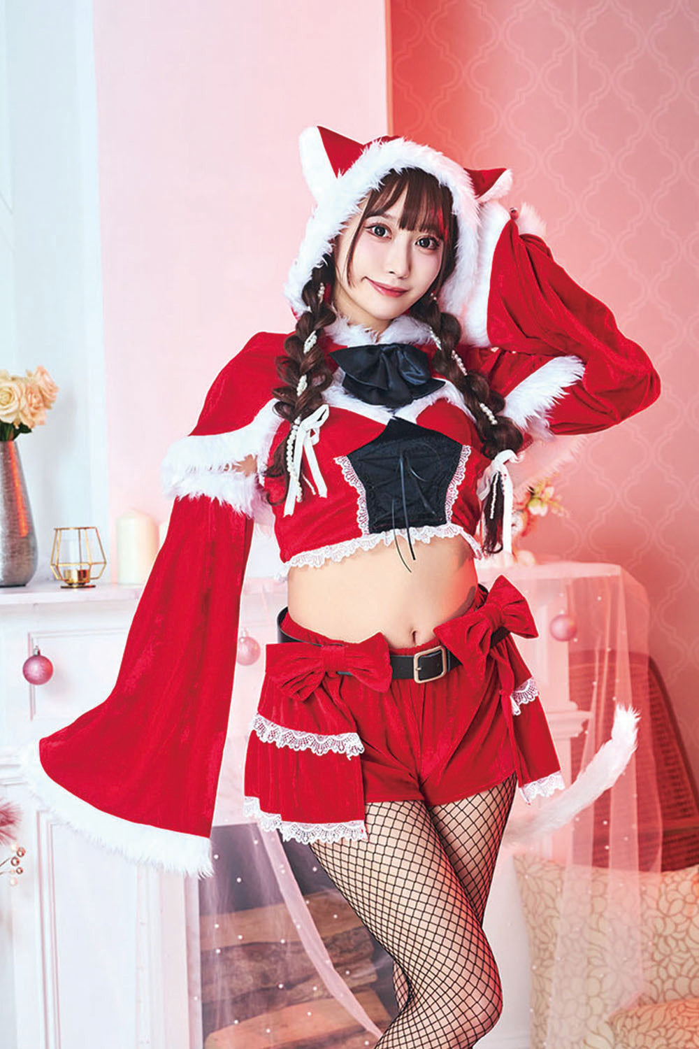 《63ANGELルミちゃん着用》 コスプレ クリスマス サンタ ねこ ねこ耳 レースアップ猫耳ケープサンタ レディース レッド 【クリアストーン】