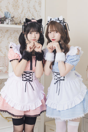 ピンク チェック メイド服 コスプレ やばかっ クリアストーン アイドル メイド