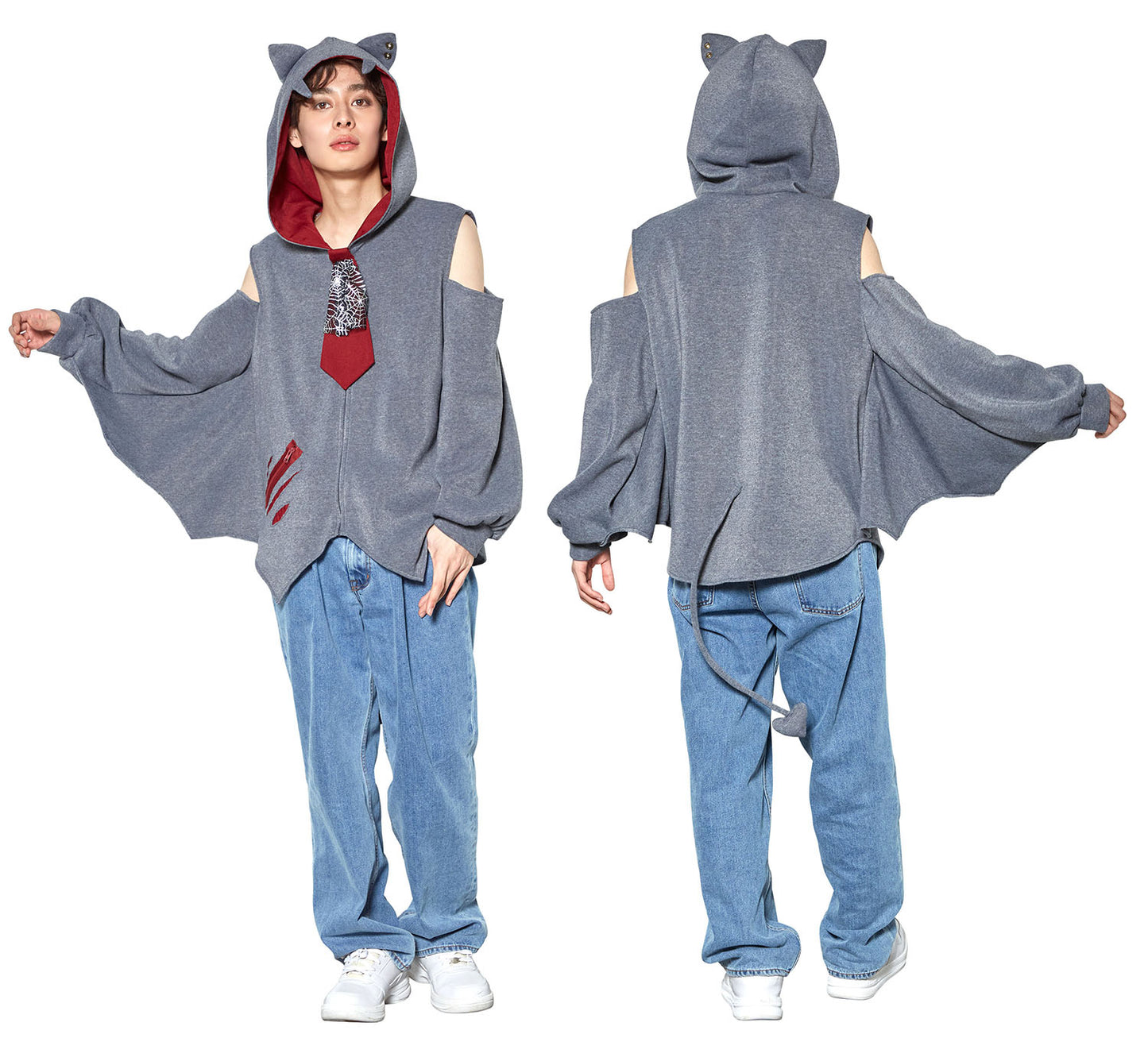 コスプレ ハロウィン こうもり ファングル こうもりパーカー ユニセックス フリーサイズ グレー【クリアストーン】♡