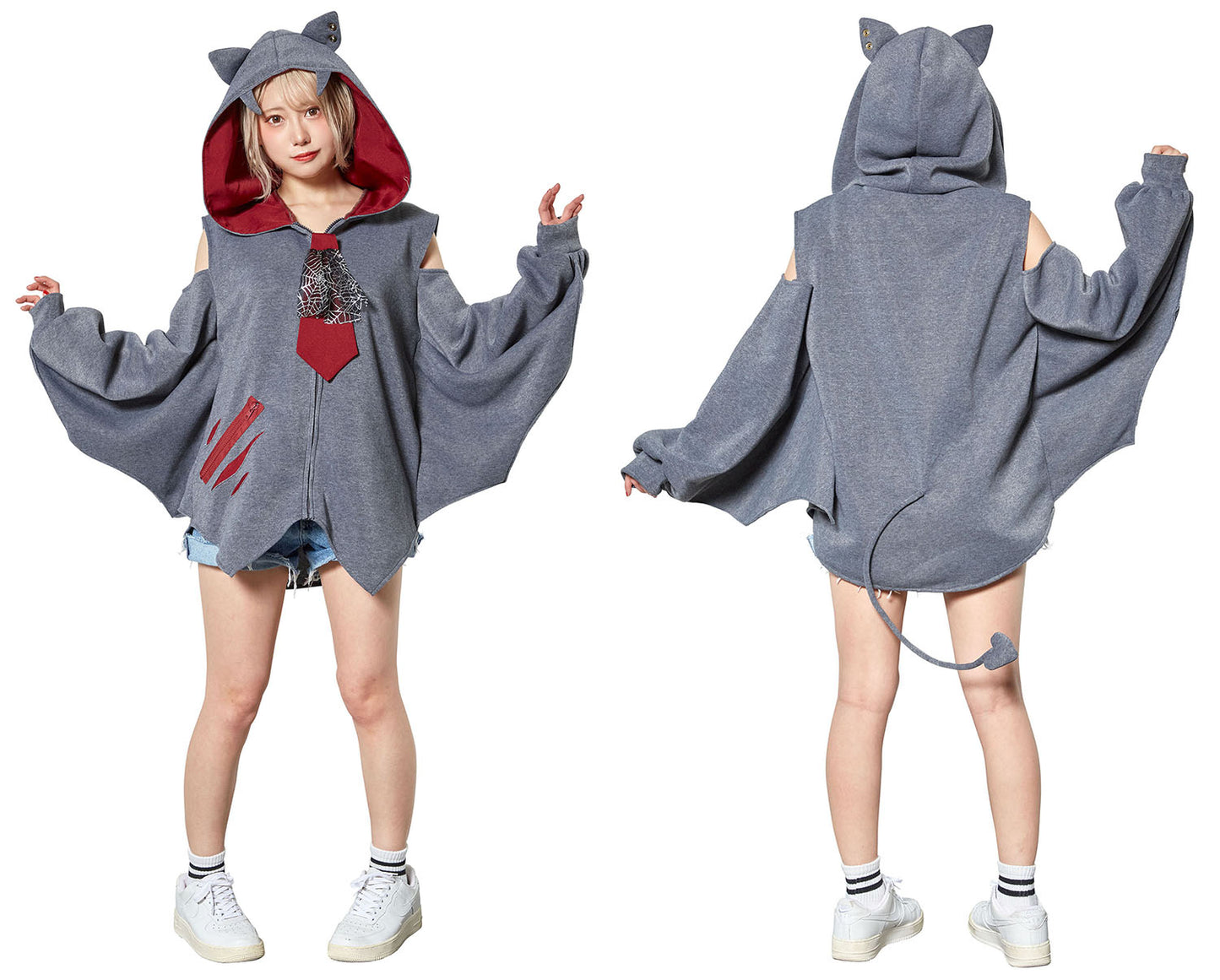 コスプレ ハロウィン こうもり ファングル こうもりパーカー ユニセックス フリーサイズ グレー【クリアストーン】♡