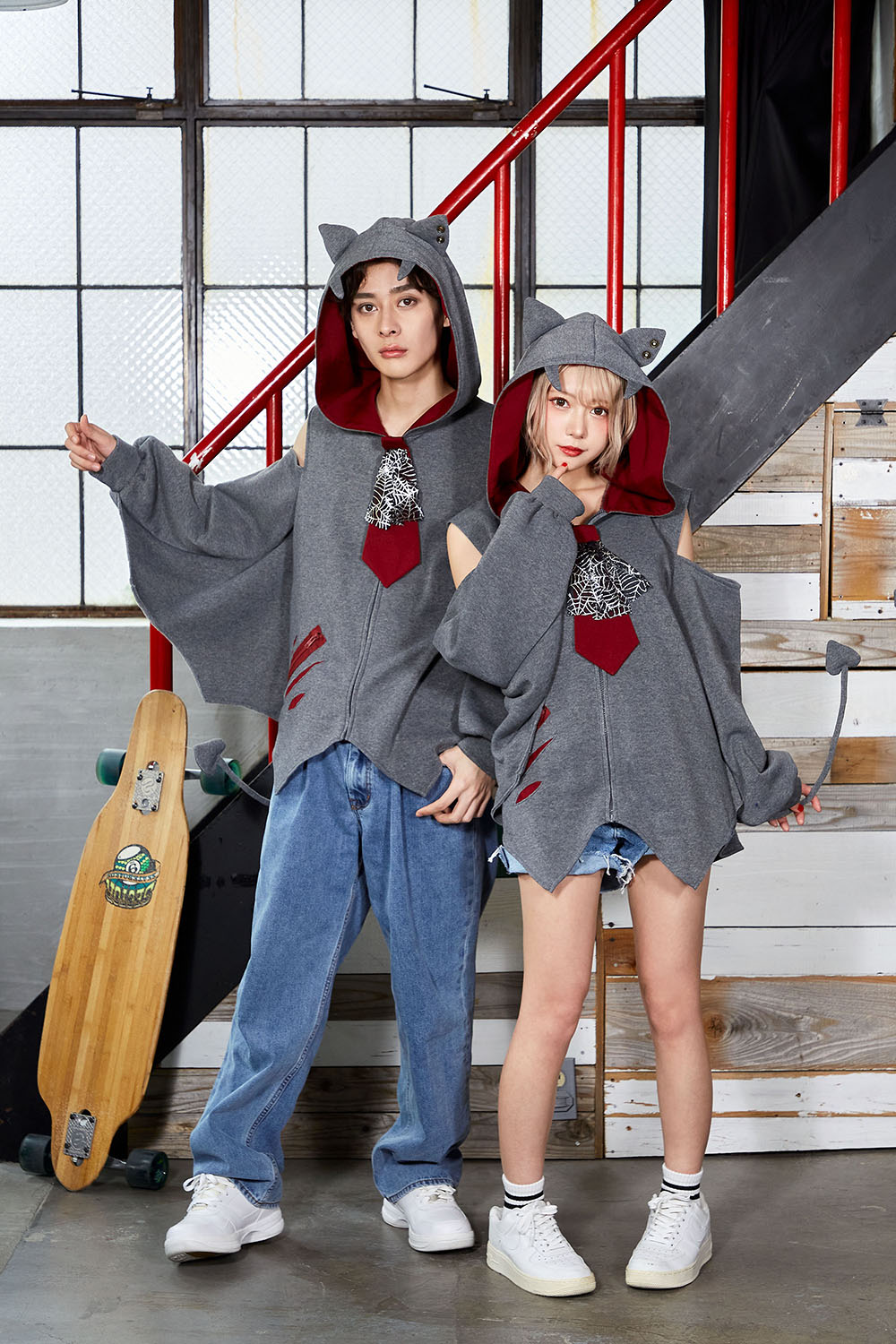 コスプレ ハロウィン こうもり ファングル こうもりパーカー ユニセックス フリーサイズ グレー【クリアストーン】♡