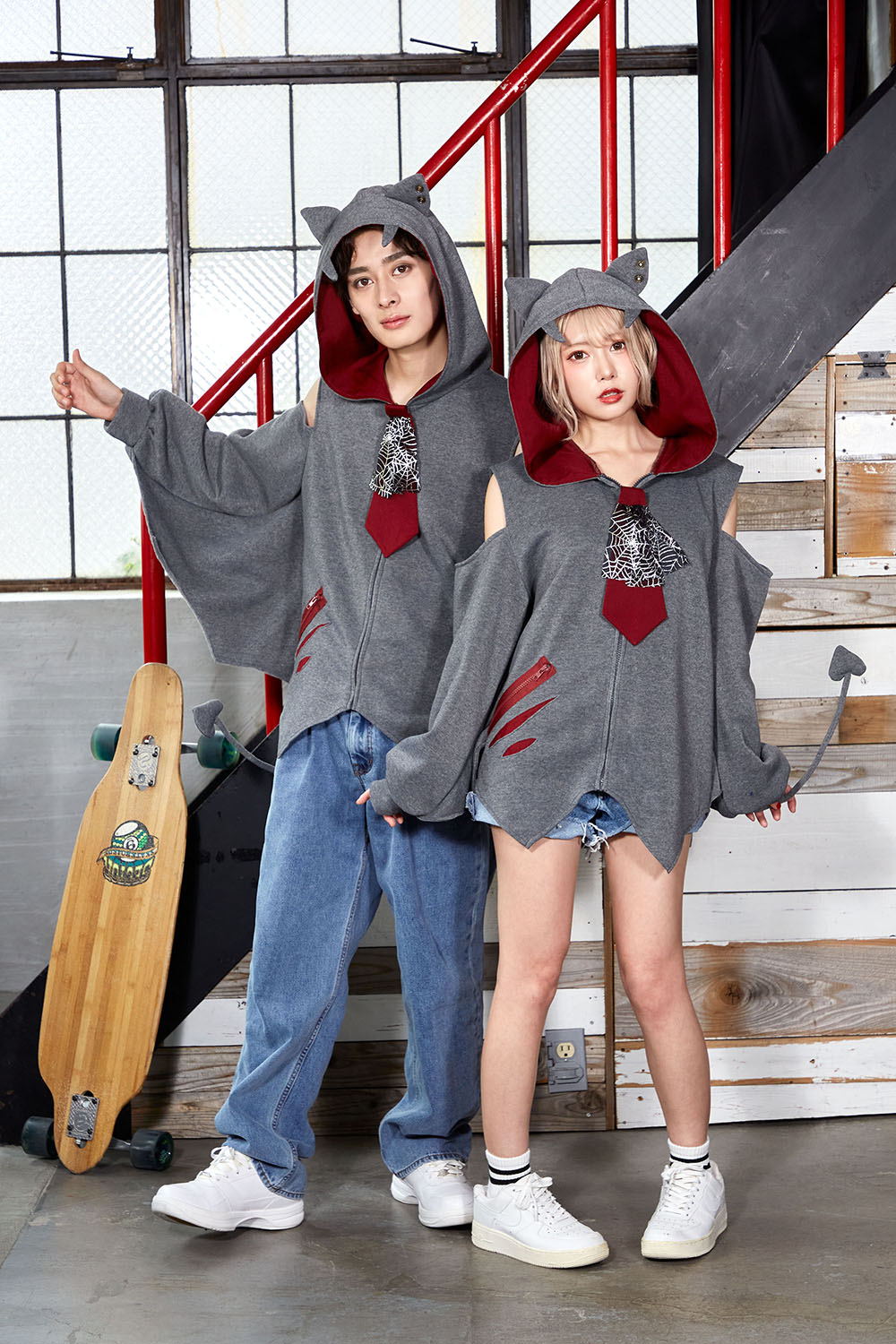 コスプレ ハロウィン こうもり ファングル こうもりパーカー ユニセックス フリーサイズ グレー【クリアストーン】♡