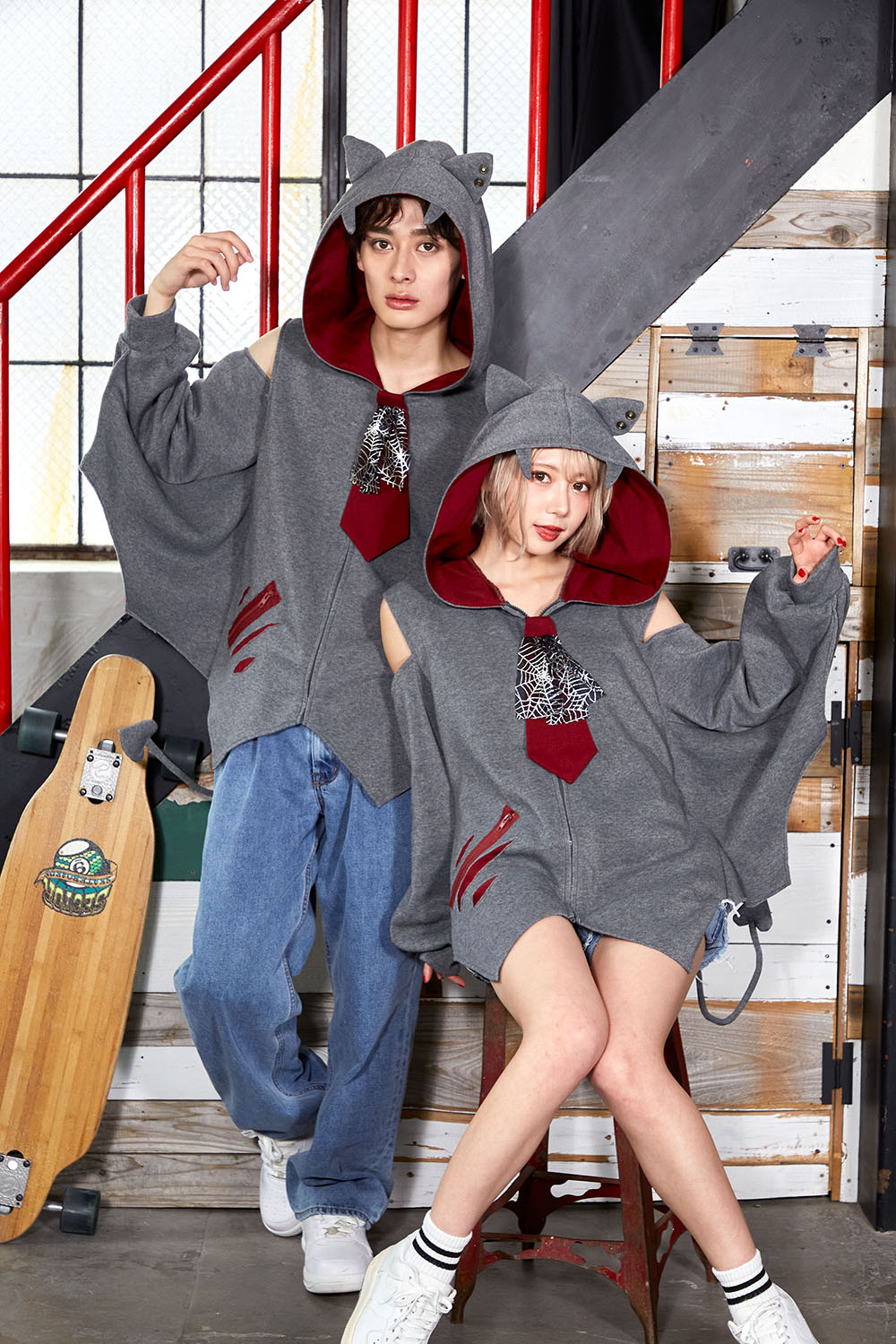 コスプレ ハロウィン こうもり ファングル こうもりパーカー ユニセックス フリーサイズ グレー【クリアストーン】♡