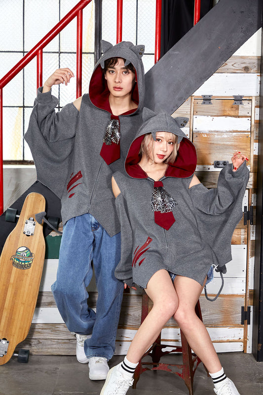 コスプレ ハロウィン こうもり ファングル こうもりパーカー ユニセックス フリーサイズ グレー【クリアストーン】♡