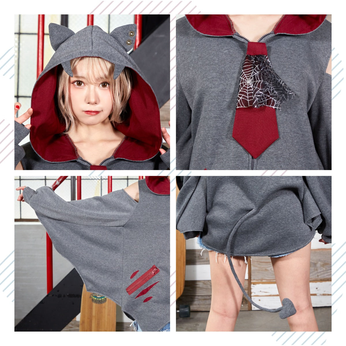 コスプレ ハロウィン こうもり ファングル こうもりパーカー ユニセックス フリーサイズ グレー【クリアストーン】♡